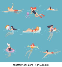 People Relaxing in the Sea, Ocean or Swimming Pool at Vacation Set, Summer Outdoor Activities Vector Illustration