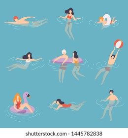 Gente relajándose en el mar, el océano o la piscina en Vacation Set, Jóvenes, Mujeres y Niños Nadando, Flotando, Jugando con Pelota, Verano Actividades al Aire Libre Vector Ilustración