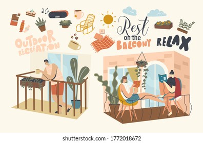 People Relaxing and Spend Time on Balconies. Characters Stay Home During Coronavirus Pandemic Isolation. Neighbors in their Apartments Spend Time Reading, Drinking Coffee. Linear Vector Illustration