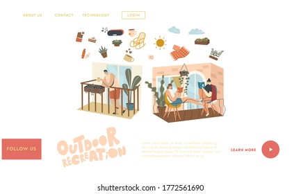 People Relaxing and Spend Time on Balconies Landing Page Template. Characters Stay Home During Isolation. Neighbors in their Apartments Spend Time Reading, Drinking Coffee. Linear Vector Illustration