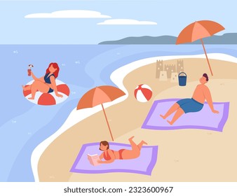 People relaxing and spending time on beach vector illustration. Cartoon drawing of woman floating on inflatable ring, man sunbathing, girl reading book. Vacation, relaxation, summer concept
