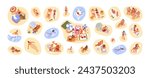 People relaxing at summer beach set. Tiny characters at sea resort, sunbathing on sand, swimming in water on holiday, vacation, top view. Flat graphic vector illustrations isolated on white background
