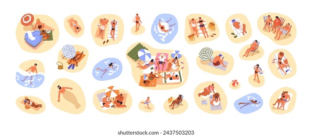 People relaxing at summer beach set. Tiny characters at sea resort, sunbathing on sand, swimming in water on holiday, vacation, top view. Flat graphic vector illustrations isolated on white background