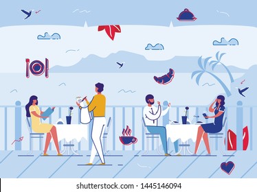 People Relaxing in Summer Cafe Outdoors, Waiter Taking Order from Customer. Couple Dating, Open Air Restaurant in Day Time. Relaxing Characters Vacation, Resort, . Cartoon Flat Vector Illustration