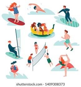 People Relaxing at Summer Vacation Set, Young Man and Woman Surfing, Swimming, Sailing, Doing Sports, Summer Outdoors Activities Vector Illustration