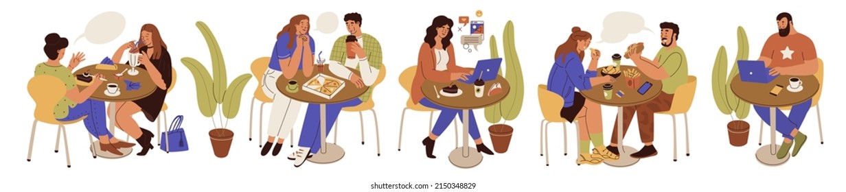 People relaxing and talks in cafe. Men and women have lunch or work in the food court. Freelancer works on laptop at restaurant. Loft office for coworking with a cafe. Flat style vector illustration.