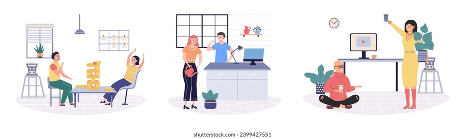 People relaxing vector illustration. People find happiness in calmness their surroundings Engaging in pleasurable pastimes brings sense leisure The relaxed atmosphere helps people feel at ease