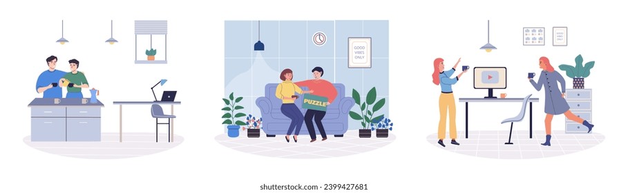 People relaxing vector illustration. Finding enjoyment in recreation contributes to personal well being People seek pleasure and enjoyment in their leisure activities Resting in peaceful environment