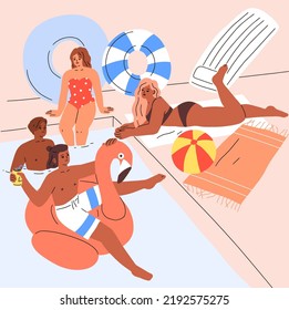 People relaxing at water pool on summer holiday. Diverse happy men, women friends swimming, lying and sunbathing, floating with inflatable ring on summertime vacation. Flat vector illustration