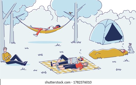 People relaxing while hiking trip. Group of friends sleeping outdoors on blanket or in hammock in camping place backpacking together. Recreation activity concept. Linear vector illustration