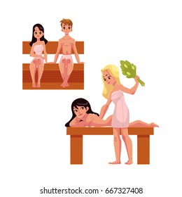 People relaxing in wooden steam sauna, doing besom massage, cartoon vector illustration on white background. People sitting in sauna, relaxing in wellness spa, massaging one another with birch besom
