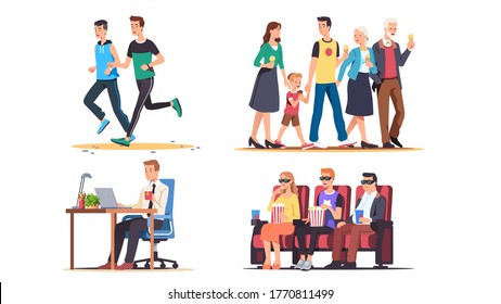 People relaxing, working out & having break at work set. Family walking together, men jogging, business person drinking tea, friends watching movie. Leisure & lifestyle. Flat vector illustration