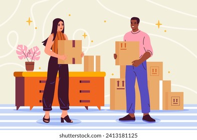 People relocate concept. Man and woman with cardboard boxes. Happy family indoor. Young girl with items. Relocation and moving on to new home or apartment. Cartoon flat vector illustration