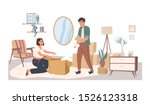 People relocating to new apartment flat vector illustration. Man and woman cartoon characters packing belongings. Young couple unpacking furniture in living room. House moving concept.