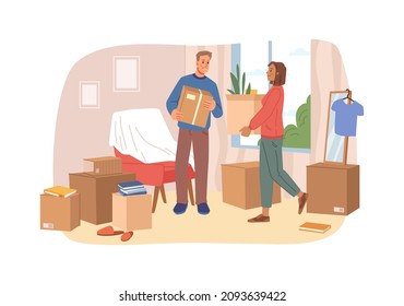 People relocating to new apartment flat cartoon illustration. Vector young couple unpacking furniture in living room. Man and woman cartoon characters packing belongings. House moving concept.