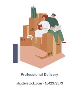 People relocating to a new apartment. Hand holding family and moving to another place with belongings. House moving concept. Moving house service with furniture in cardboard. Professional delivery