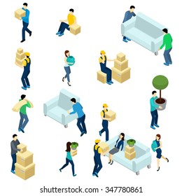 People relocating set with isometric delivery workers isolated vector illustration