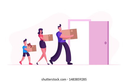 People Relocation, Happy Family Moving into New House. Mother, Father and Little Son Carry Boxes and Things to Home. People Buying Real Estate Apartments for Living Cartoon Flat Vector Illustration