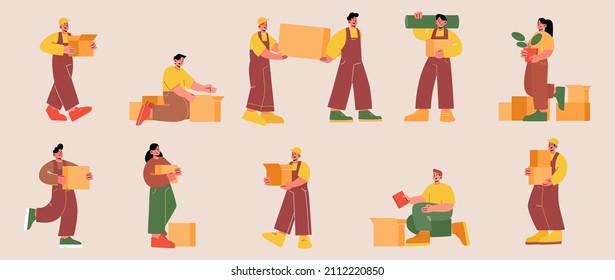 People relocation and moving into new house set. Family characters and workers in uniform carry with cardboard boxes. Professional delivery company loader service line art flat vector illustration