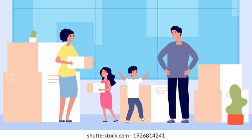 People relocation. Moving new flat, help transportation family. People with boxes new home, things packages. Leaving house utter vector illustration