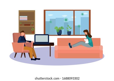 People remain at home during quarantine. Remote work and online training. Epidemic, coronavirus pandemic.
