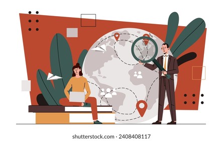 People with remote work. Man and woman with magnifying glass near globe. Freelancers and distance workers. Business globalization, international partnership. Cartoon flat vector illustration