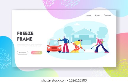 People Remove Snowdrifts with Shovels from Street Website Landing Page. Cheerful Friendly Neighbours Clearing Snow from Car and Backyard after Snowfall Web Page Banner Cartoon Flat Vector Illustration