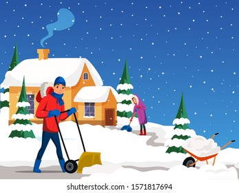 People removing snow flat illustration. 