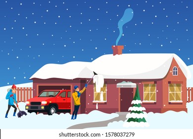 People removing snow flat illustration. Outside winter work concept. Citizens cleaning snow with shovel and cart cartoon characters. Outskirts citizens everyday activities. Snowy weather