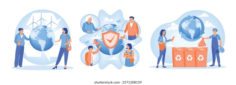 People with renewable energy. Family security, global unity, and safety with a shield symbol. Promote environmentally friendly behavior, environmental awareness, and waste management.