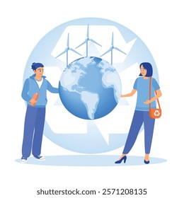 People with renewable energy. Features globes, windmills, and sustainable energy development. Sustainability concept. Flat vector illustration.