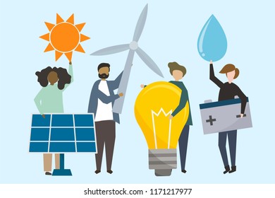 People with renewable energy resources illustration
