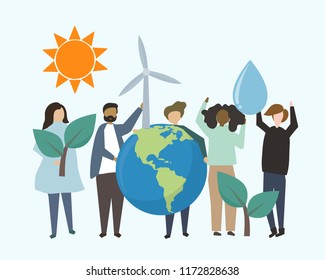 People with renewable energy resources illustration