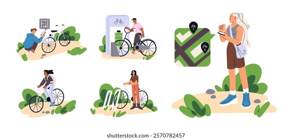 People rent bicycles by sharing service in phone set. Characters take rental bikes to cycling. Cyclists scan QR code, ride, parking transport to charge. Flat isolated vector illustrations on white