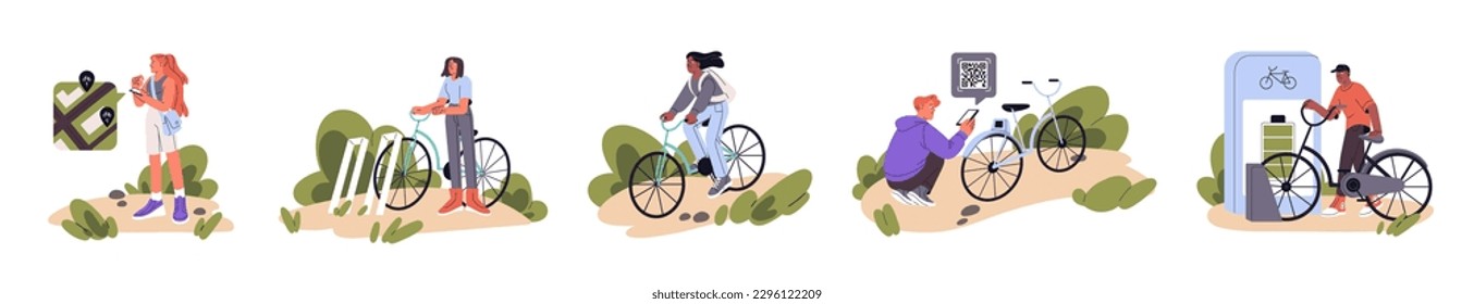 Personas alquilando un juego de bicicletas. Servicio de alquiler de bicicletas con aplicación de telefonía móvil, estaciones de bicicleta, estacionamientos. Uso de smartphone para compartir transporte ecológico. Ilustraciones vectoriales planas aisladas en fondo blanco