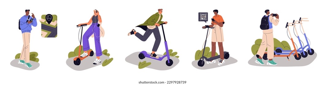 People renting e-scooters with mobile apps, phones in city. Urban eco electric transport, online rental service. Riding, driving modern vehicles. Flat vector illustrations isolated on white background