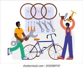 People are repairing a bicycle. Bicycle repair. The mechanic repairs the bicycle, the mechanic inflates the wheels. Web graphics, banners, advertisements, business templates.