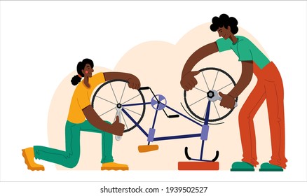 People are repairing a bicycle. Bicycle repair. The mechanic repairs the bicycle, the mechanic inflates the wheels. Web graphics, banners, advertisements, business templates.