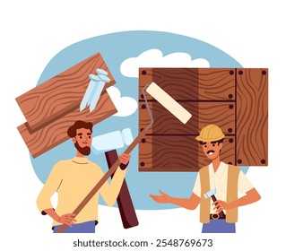 Pessoas reparando chão. Homens de uniforme perto de tábuas com unhas. Renovação e reparação do quarto. Handyman com equipamento e laminado. Ilustração de vetor plano isolada no plano de fundo branco