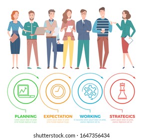 People with reports and data on pages vector, man and woman working in team, successful teamwork and leadership management, talking colleagues flat style