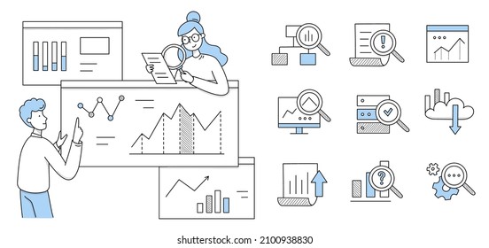 People research analytics on dashboard with graphs and charts. Vector doodle icons of statistic analysis, work with database and information report with diagrams and magnifying glass