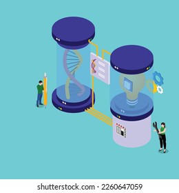 Die Menschen erforschen Glühbirne mit Schaltkreis und DNA-Spiralmodell mit intelligentem Laborgerät 3d-isometrische Vektorgrafik-Konzept für Banner, Website, Landungsseite, Anzeigen, Flugblätter