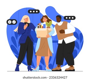 People in resignation concept. Woman leaves office with box of her belongings. Young girl leaving company or organization. Dismissed employee or worker. Cartoon flat vector illustration