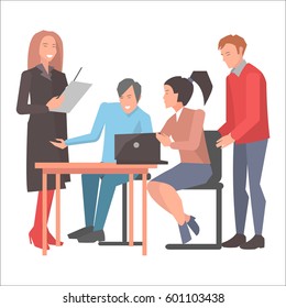 People resolving issues on computer in startup company isolated on white. Vector illustration of male and female sitting and standing at table and discussed matters of partnership with open notebook.