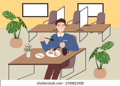 People respecting social distancing measures inside department store. Man sitting in restaurant eating food with table shield to protect infection from coronavirus covid-19.Cartoon flat style vector.