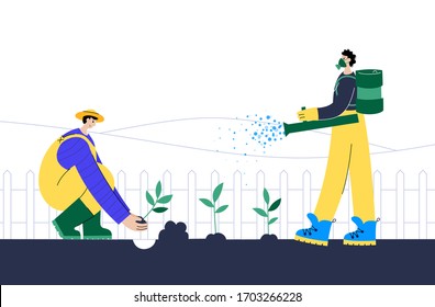 People in a respirator and gloves sprays fertilizer and seedling plants in the ground. Flat vector illustration on white background. Adult male action character. Gardening concept for poster, banner