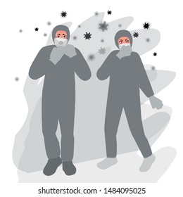 People in a respirator and protective suit are protected from radiation and radioactive chemical contamination. Radiation accident