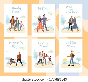 People rest active summer time in park card set. Dad strolling baby, parent children on walk, loving couple on date, student having break on nature. Family time, love romance, father day, coffee time