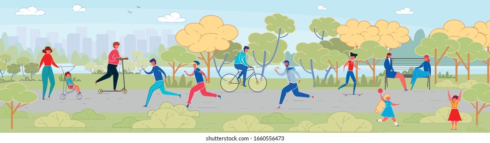 People Rest in City Park Flat Vector Illustration. Little Kids and Adults Outside Cartoon Characters. Active Recreation, Fresh Air activities. Men, Women and Children spend time Outdoors
