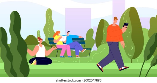 People rest in city park. Young girls walk, summer outdoor recreation. Town green area, nature trail in urban landscape utter vector illustration